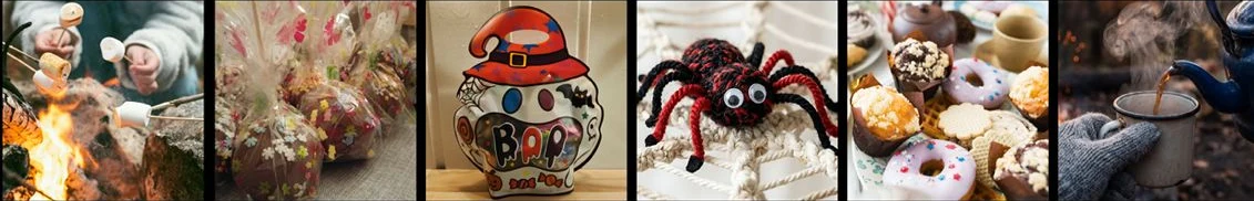 Photo strip from the flyer: marshmallows over a campfire, wrapped sweets, ghost cookie jar with witch hat, crocheted spider, pastries and hot tea outdoors
