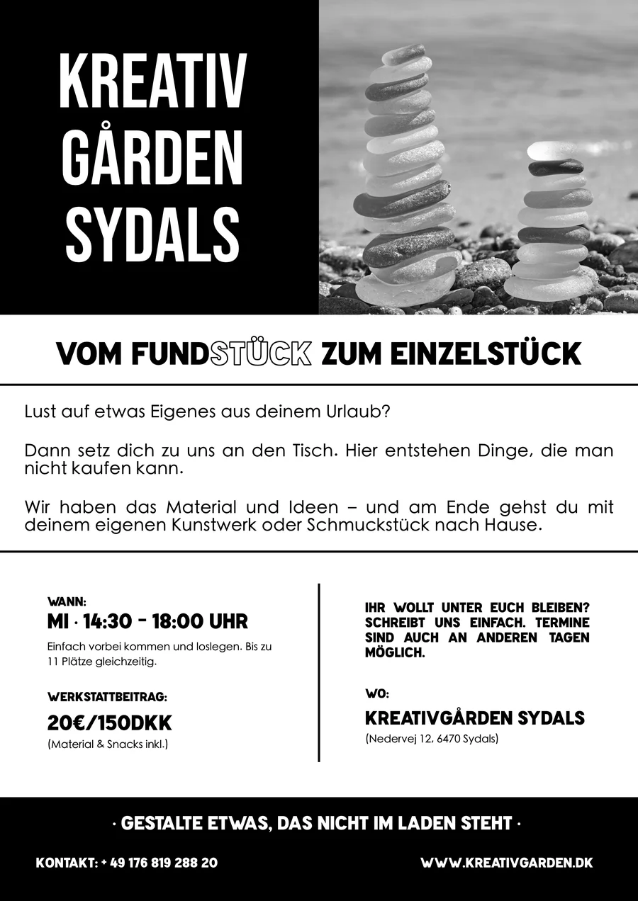 Flyer: Kreativt Værksted – Fra strandfund til unikt stykke, hver onsdag 14:30–18:00 hos Kreativgården Sydals