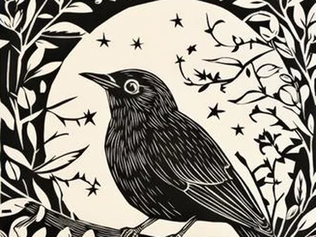 Linolschnitt: schwarzer Vogel auf einem Ast vor hellem Vollmond, umrankt von Blättern und Sternen