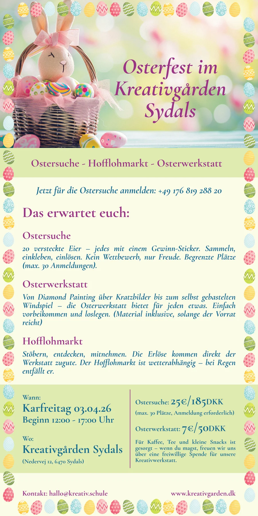 Flyer: Påskefest hos Kreativgården Sydals, langfredag 3. april 2026